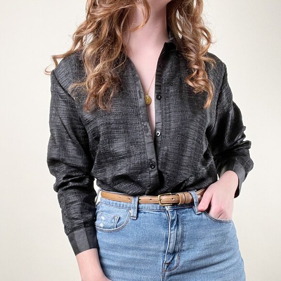Vintage Crinkle Textured Oversized Button Down Up Relaxed Fit Blouse Shirt Top - Picture 4 of 8